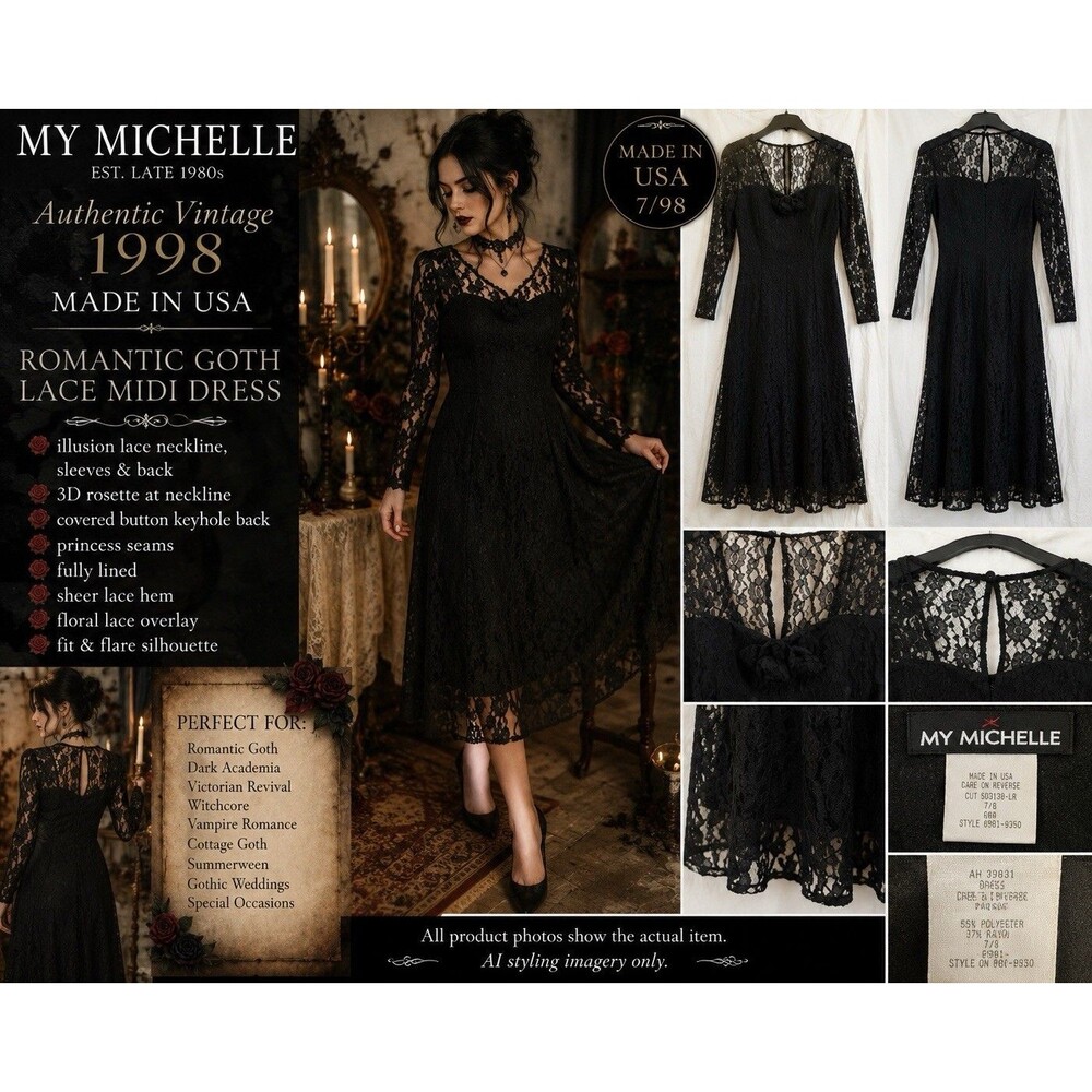 VTG 1998 My Michelle Black Lace Midi Dress Romantic Goth Summerween Witchcore 8